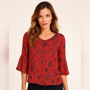 LC Lauren Conrad Semi Sheer Floral Pattern With Flounce Sleeves Blouse Red XXL